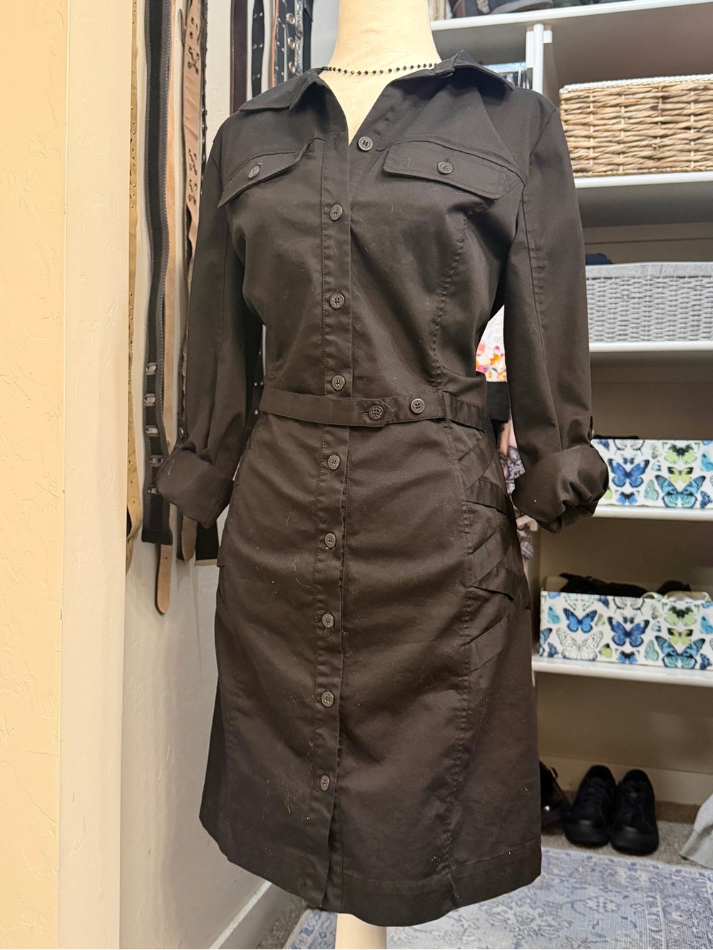 Nicole by Nicole Miller Black Button-Front Long Sleeve Shirt Dress Lace Up Sides